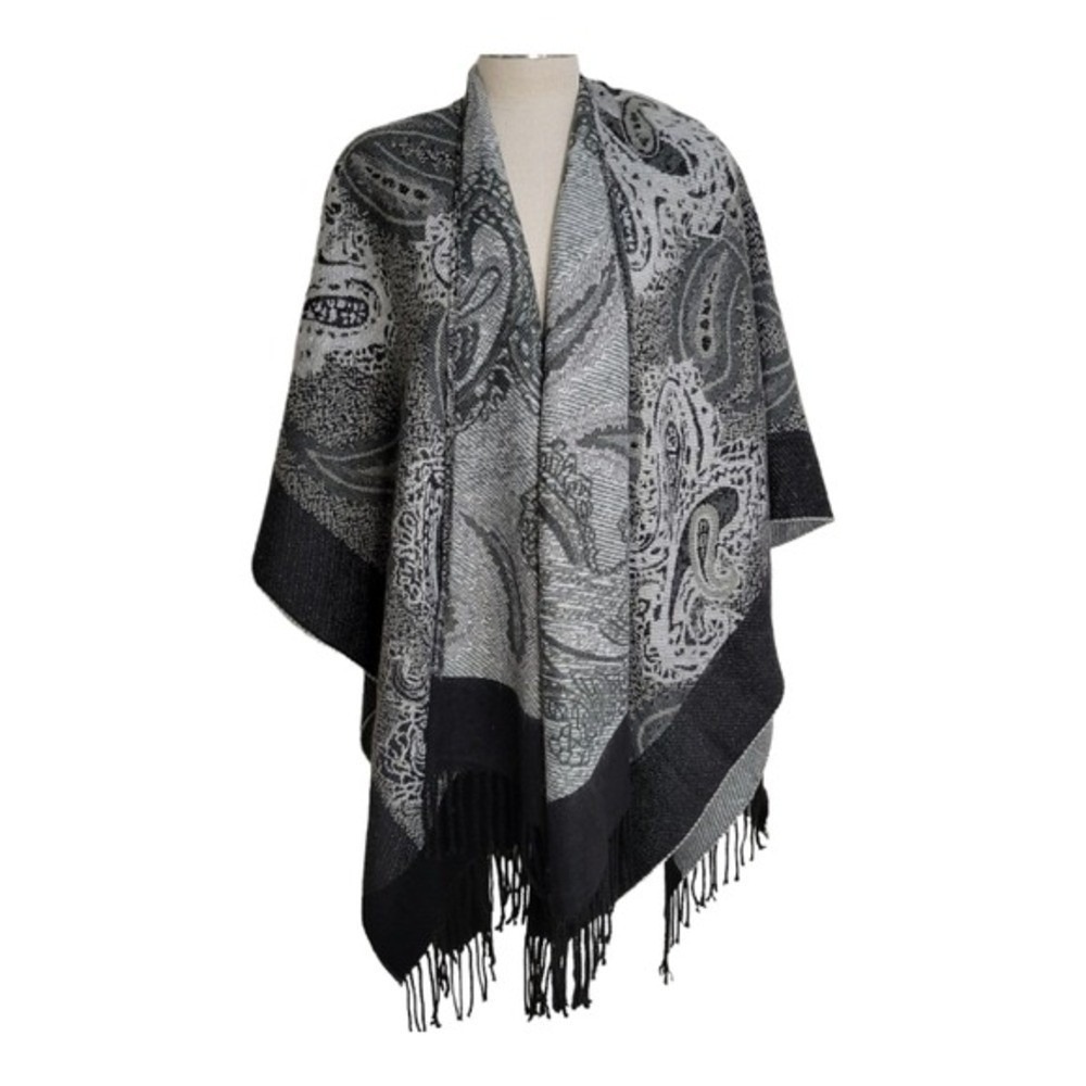 Womans Wrap Shawl Poncho Fringed Paisley Black Gray One Size Boho - Picture 1 of 9